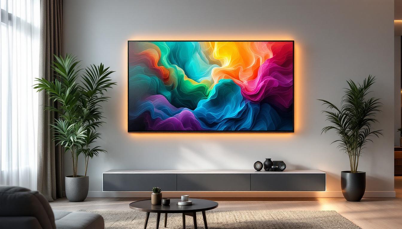 A photograph of capture a photograph of a modern living room featuring a sleek panel wall tv with a vibrant led display