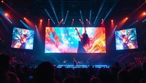 A photograph of a vibrant led video board in action