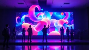 A photograph of a vibrant p4 led screen displaying dynamic visuals in a well-lit environment