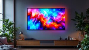 A photograph of a modern wall screen displaying vibrant visuals from a projector in a stylish home or office setting