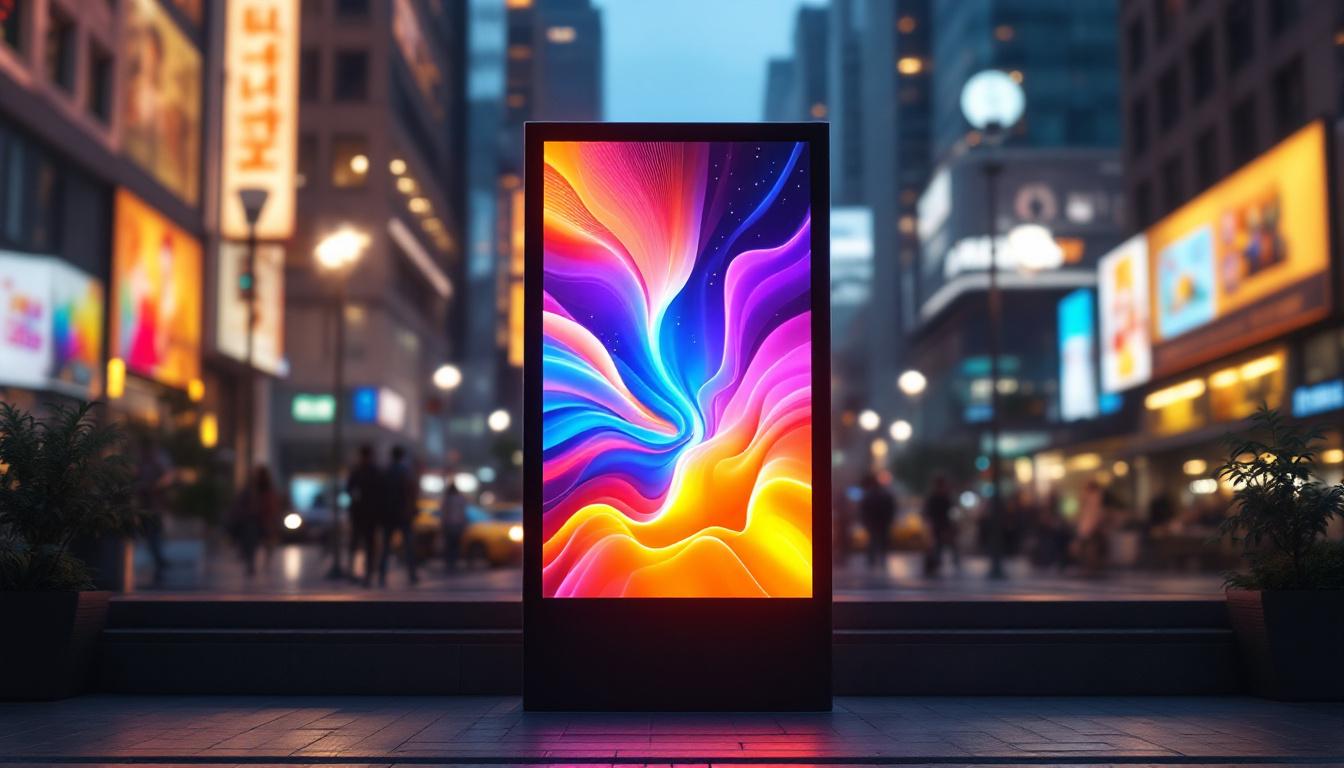 A photograph of a vibrant led poster display in an urban setting