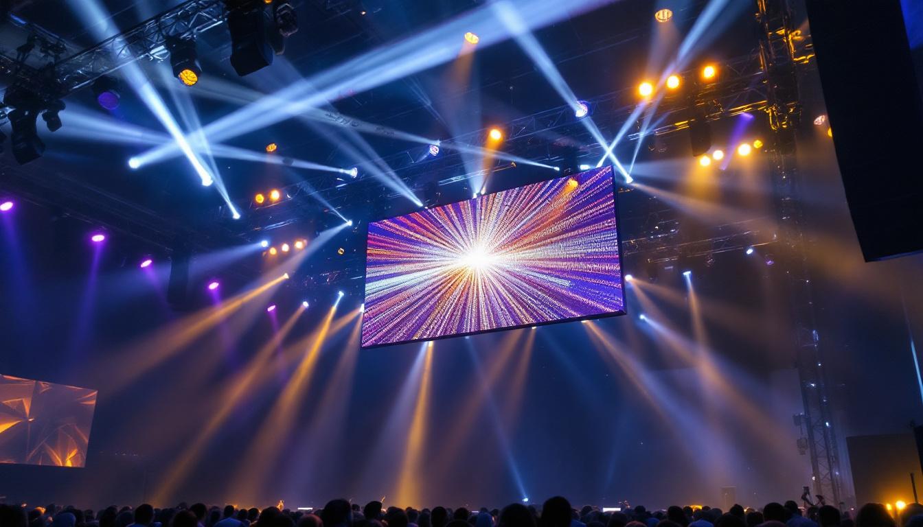 A photograph of a 20-foot truss system showcasing a vibrant led display in an event setting