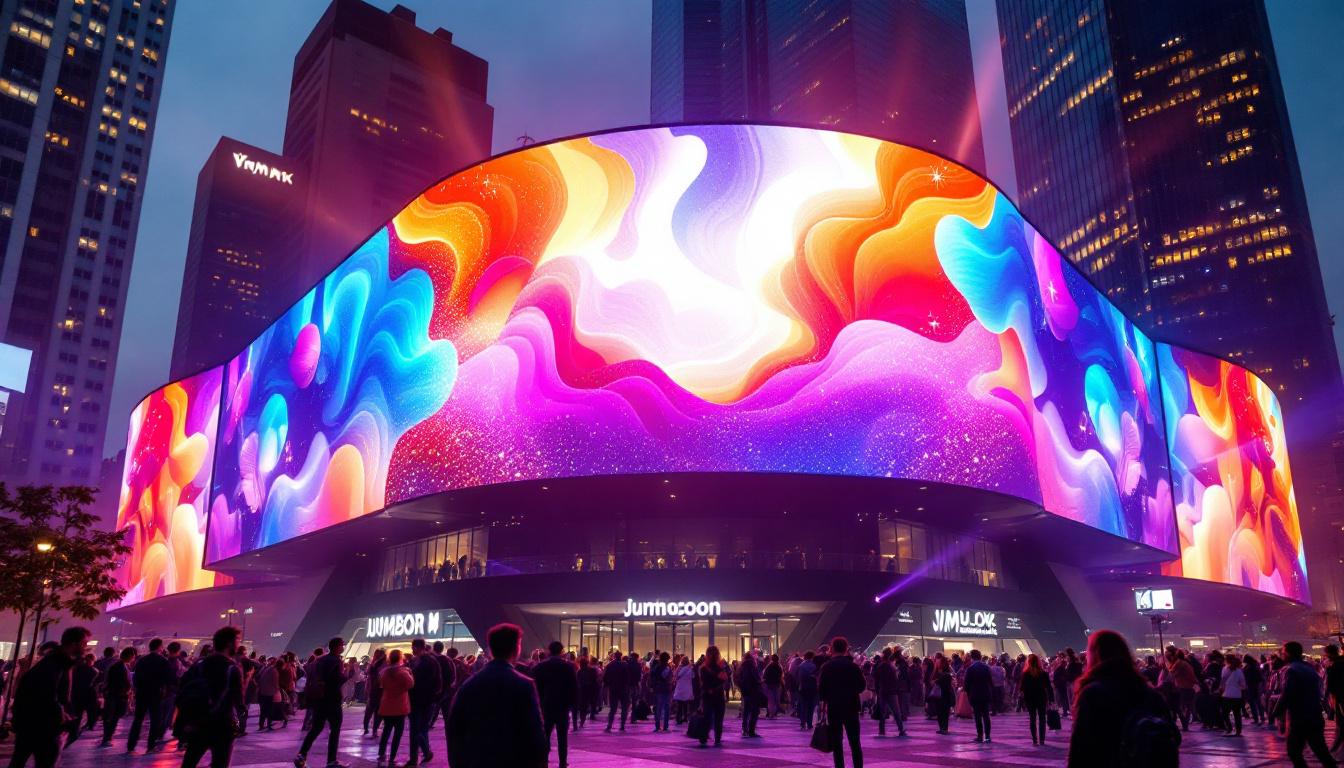 A photograph of a vibrant outdoor jumbotron displaying dynamic visuals