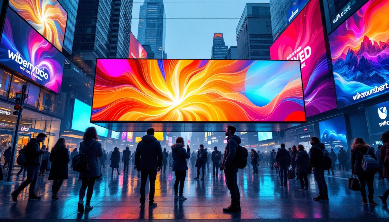 A photograph of a vibrant led display in a bustling urban environment
