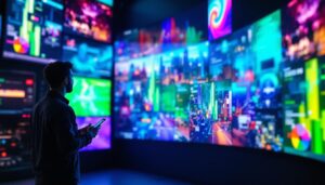 A photograph of a vibrant led videowall showcasing a variety of colors and content