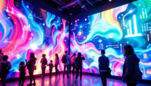 A photograph of a vibrant led display wall in an engaging setting