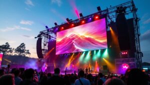 A photograph of capture a photograph of a ground support truss system prominently displaying a vibrant led screen