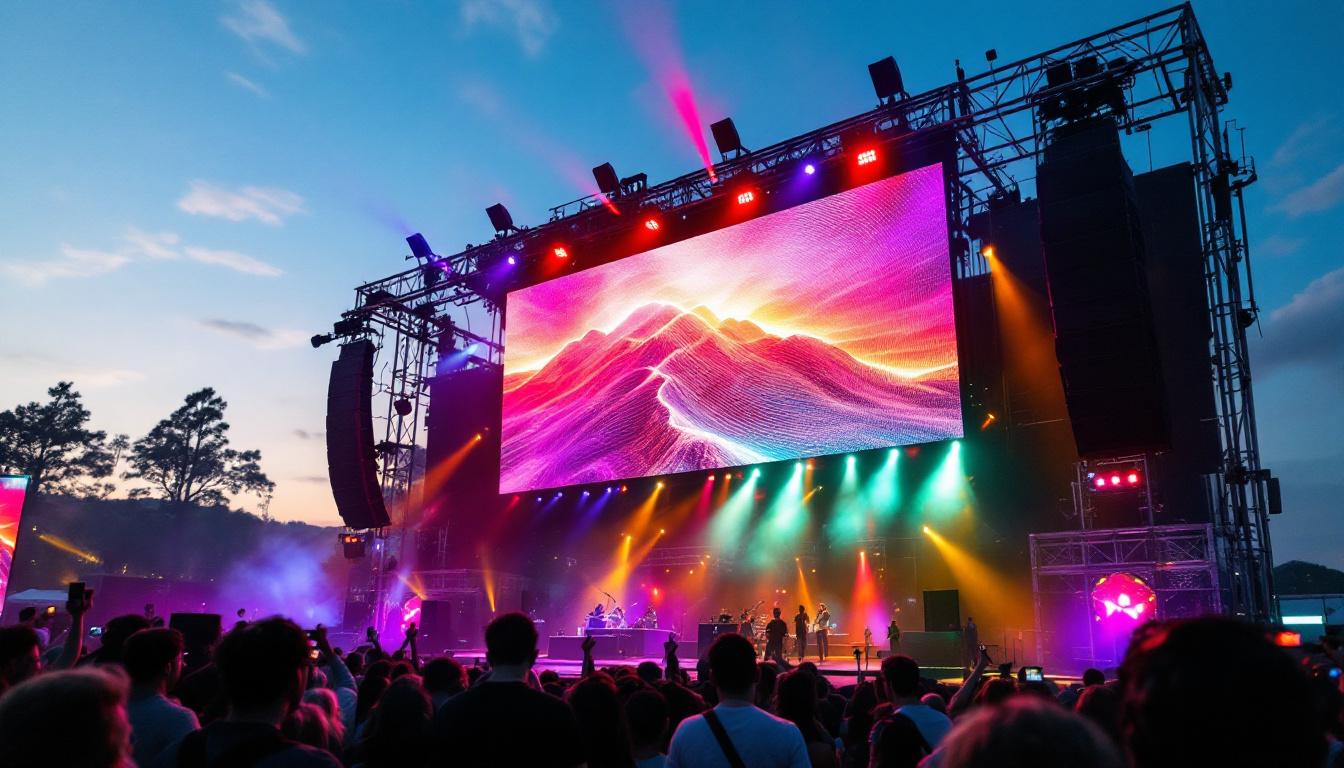 A photograph of capture a photograph of a ground support truss system prominently displaying a vibrant led screen