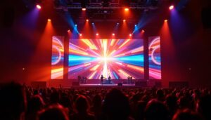 A photograph of a vibrant stage monitor screen displaying dynamic visuals or graphics during a live performance