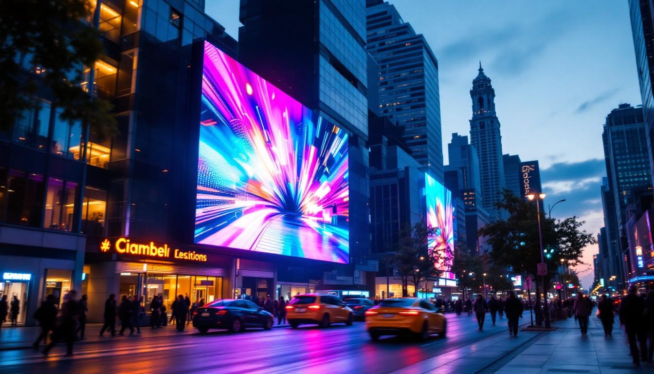 A photograph of a vibrant led display in a bustling urban environment