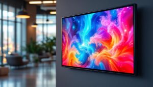 A photograph of a vibrant led screen displaying dynamic visuals in a modern setting