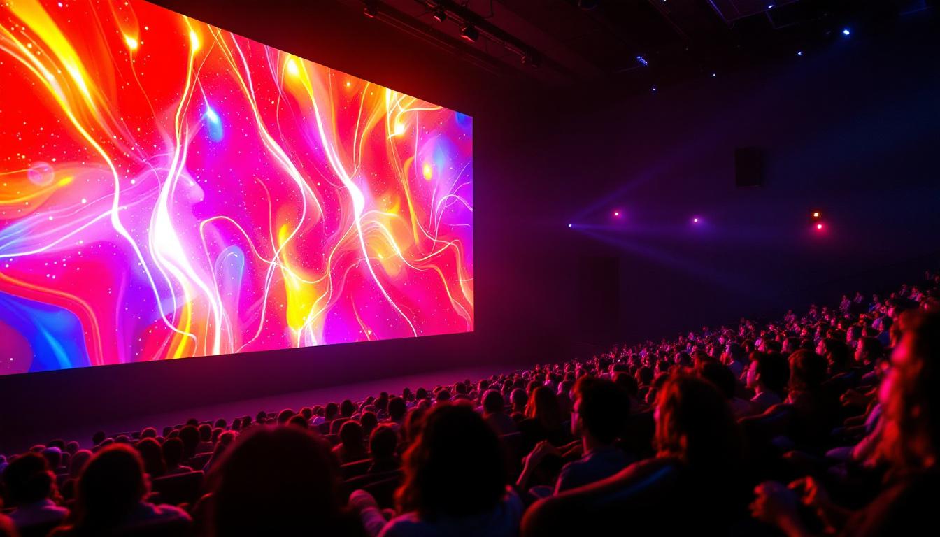 A photograph of a vibrant led display in a cinema setting