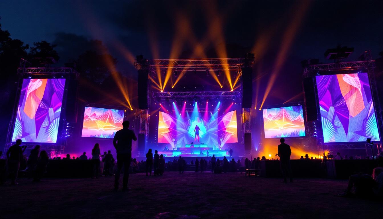 A photograph of a large outdoor event featuring a 20-foot truss structure supporting vibrant led displays