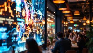 A photograph of a vibrant restaurant scene featuring a modern led display showcasing dynamic visuals or menus
