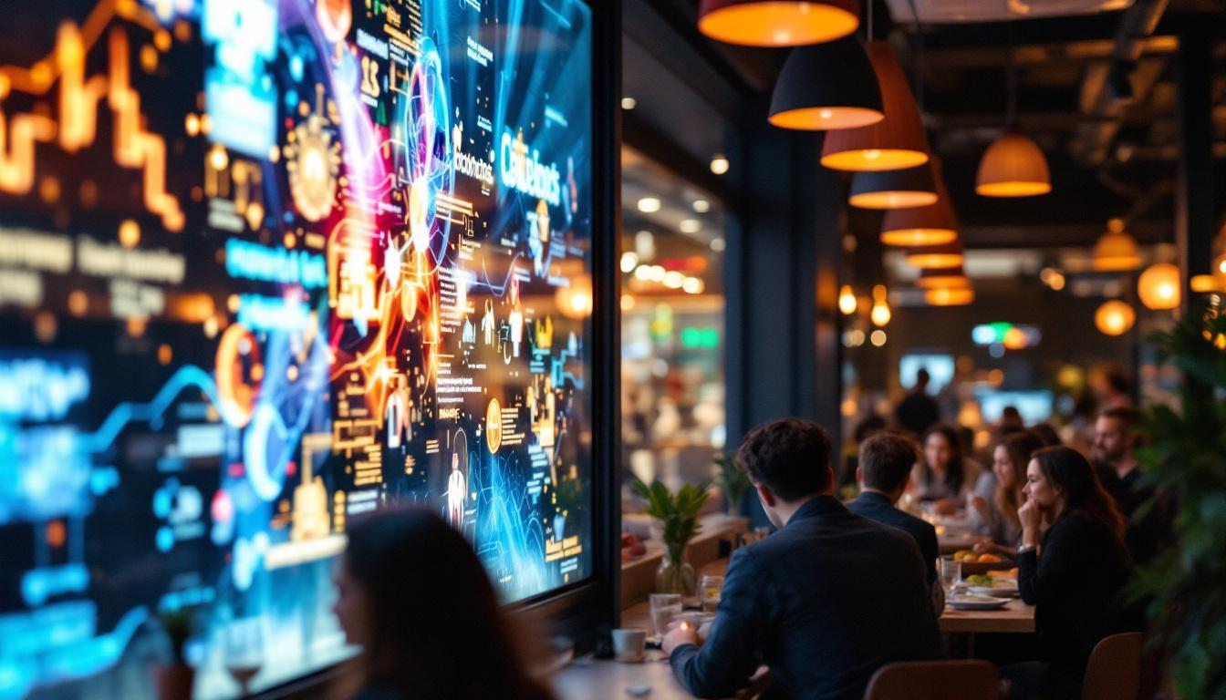 A photograph of a vibrant restaurant scene featuring a modern led display showcasing dynamic visuals or menus
