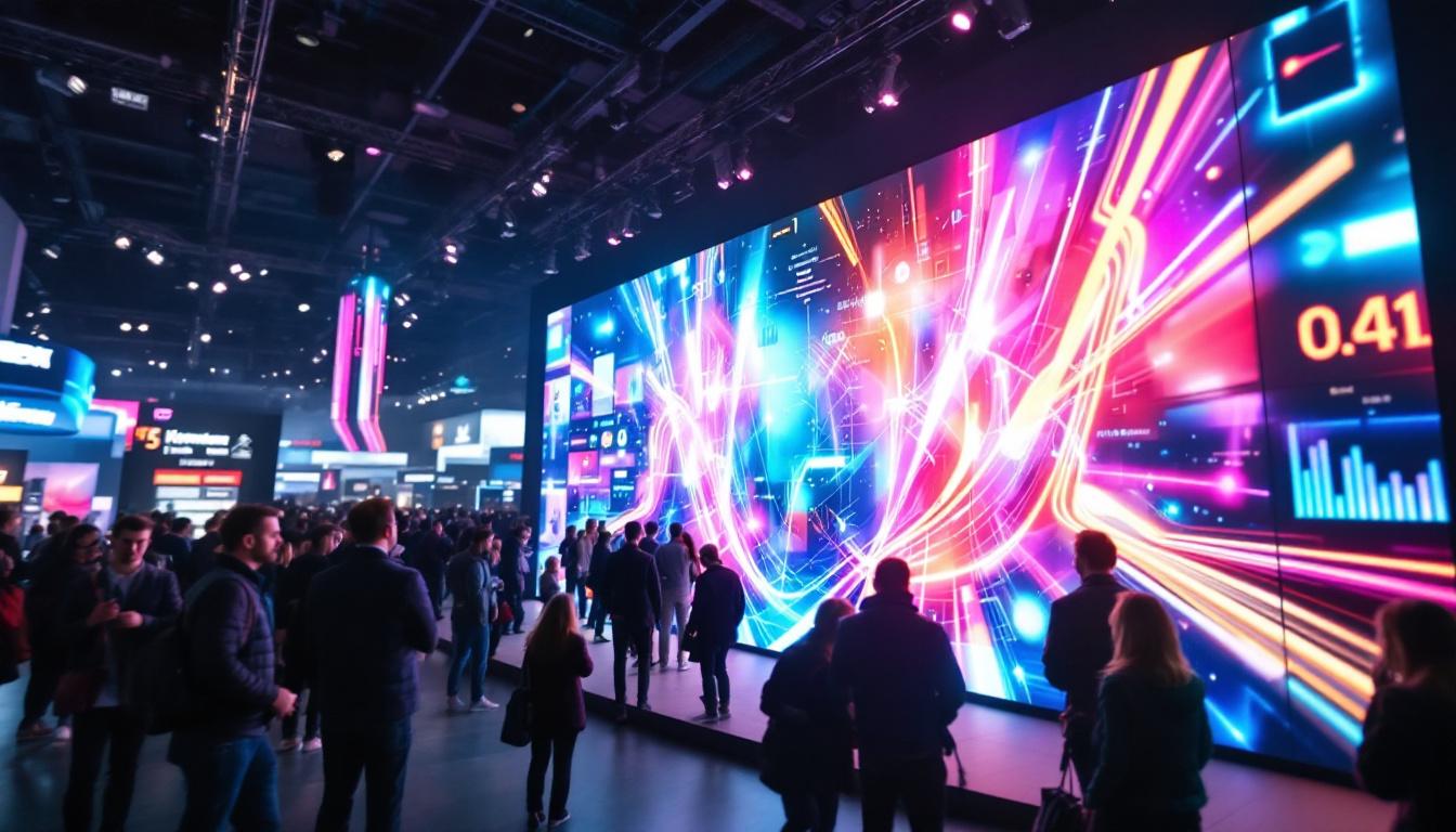 A photograph of a vibrant trade show scene featuring an eye-catching led display wall