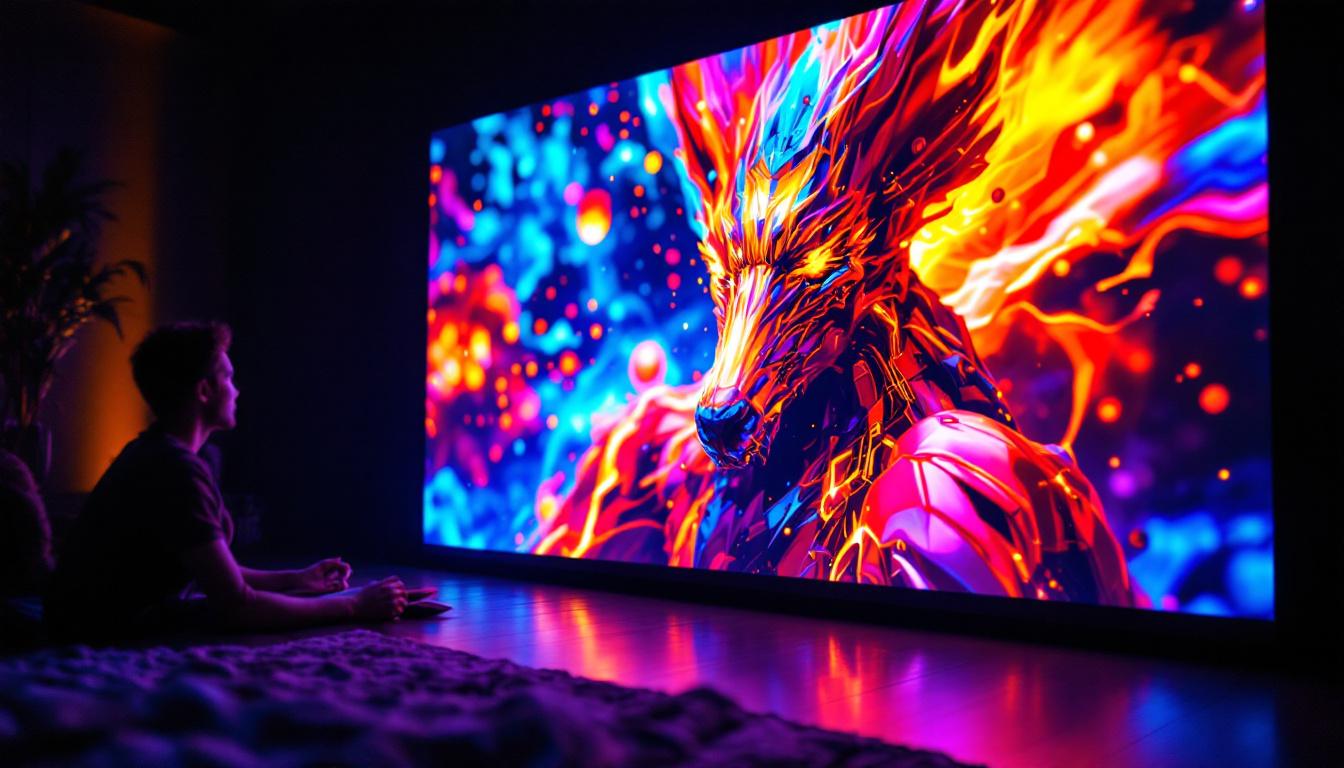 A photograph of a vibrant led projector screen in a darkened room