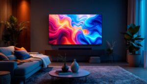 A photograph of a modern living room featuring a sleek led wall tv displaying vibrant visuals