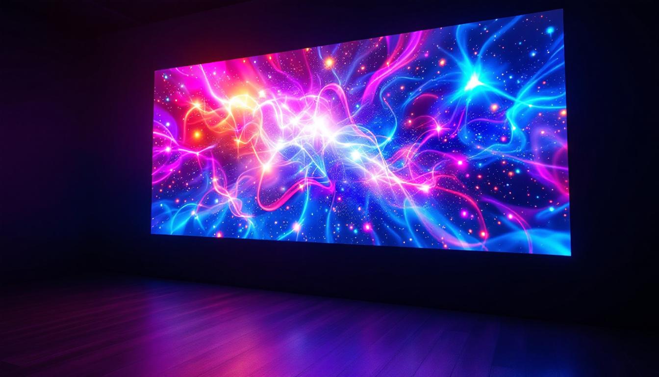A photograph of a vibrant led display showcasing dynamic visuals