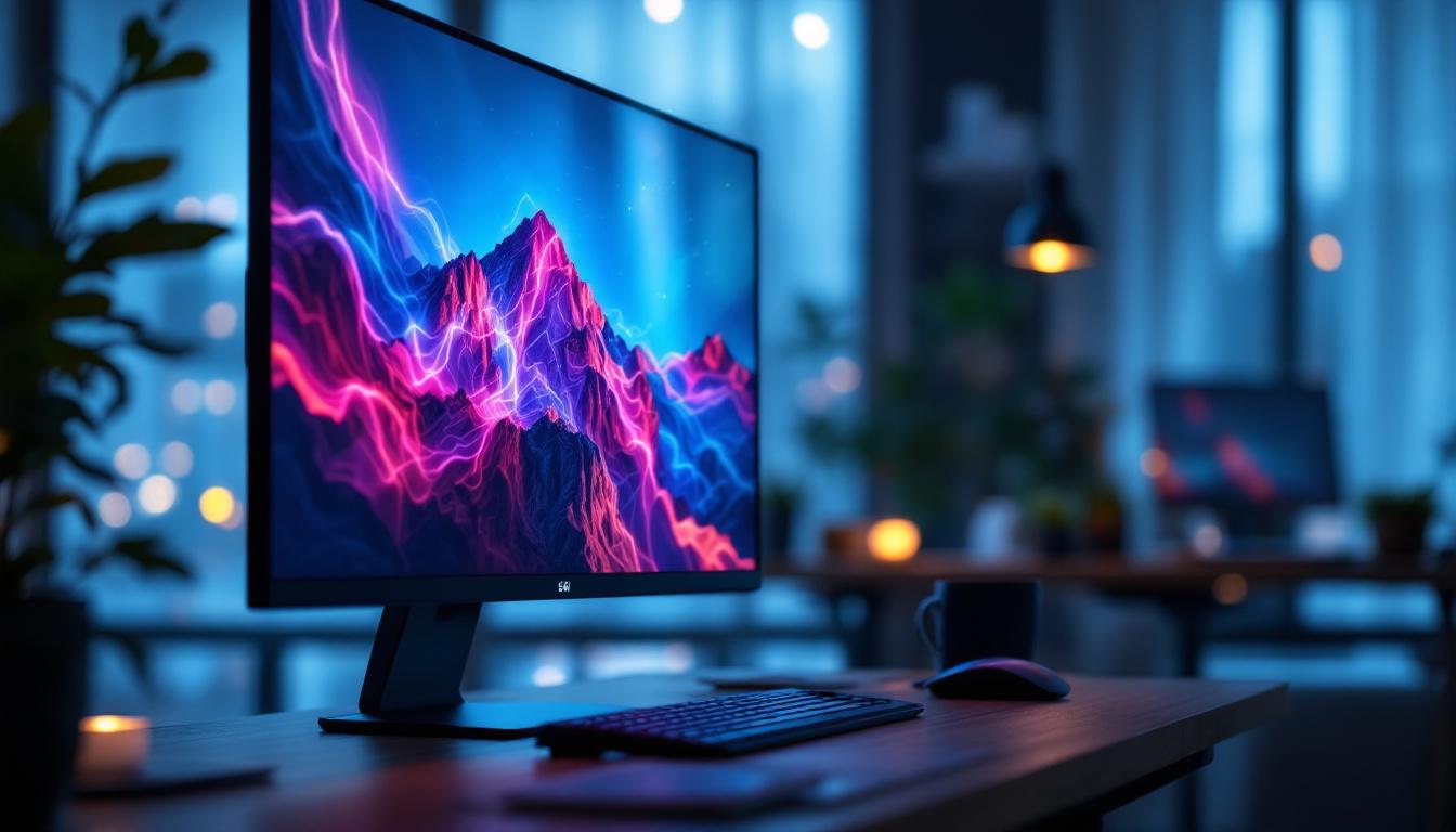A photograph of a sleek led monitor displaying vibrant