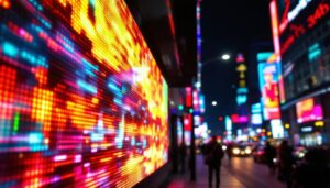 A photograph of a vibrant led display in action