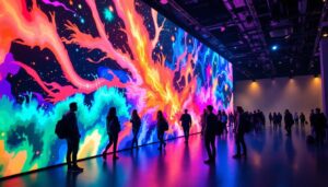 A photograph of a vibrant and engaging giant led video wall in a dynamic setting