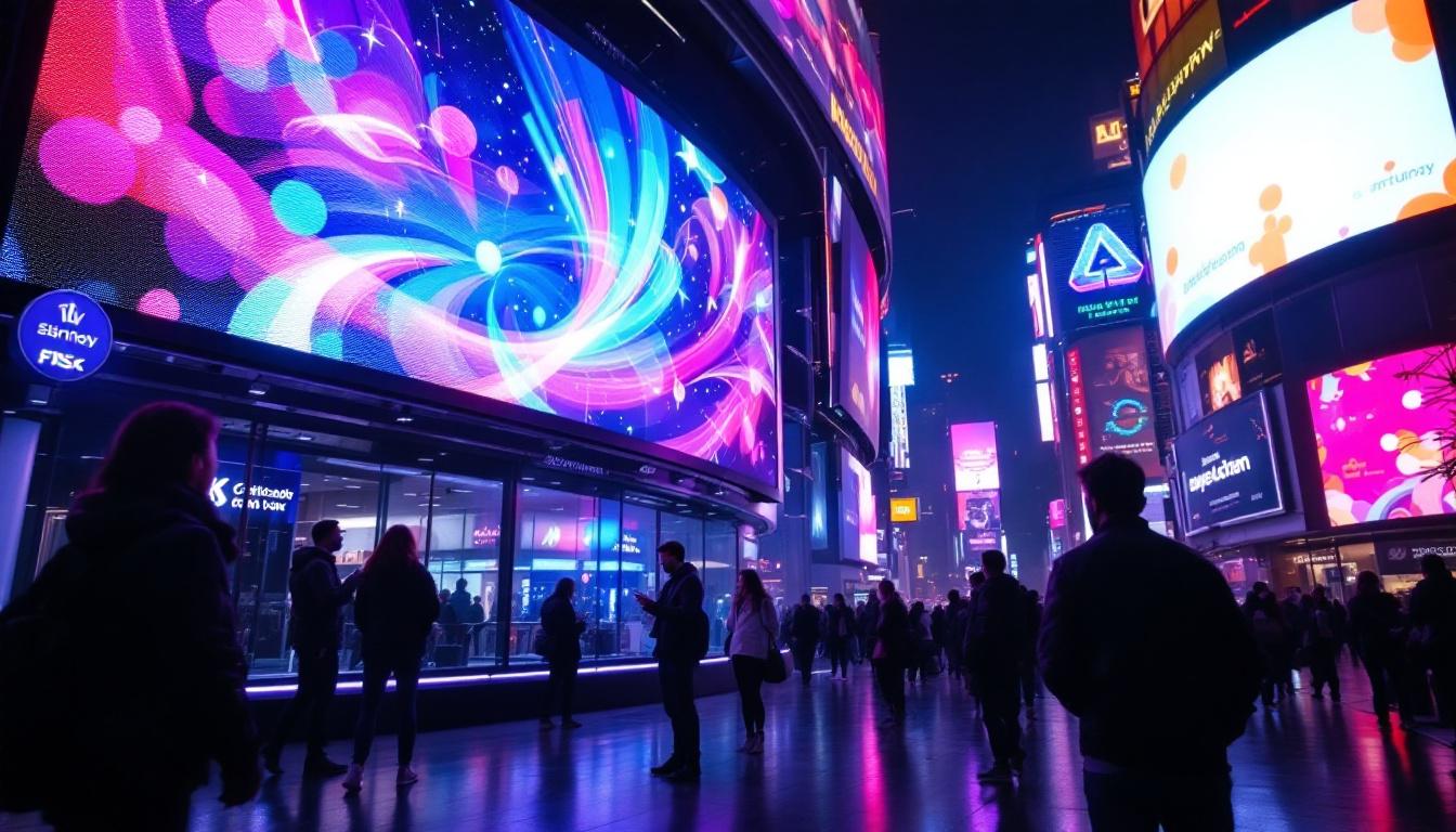 A photograph of a vibrant led display in a bustling urban environment