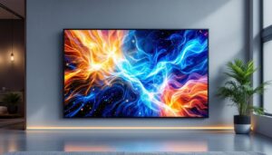A photograph of a vibrant oled wall display in a modern setting