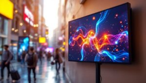 A photograph of a vibrant led display in a dynamic setting