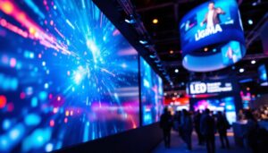 A photograph of a vibrant tradeshow display featuring an eye-catching led screen in action