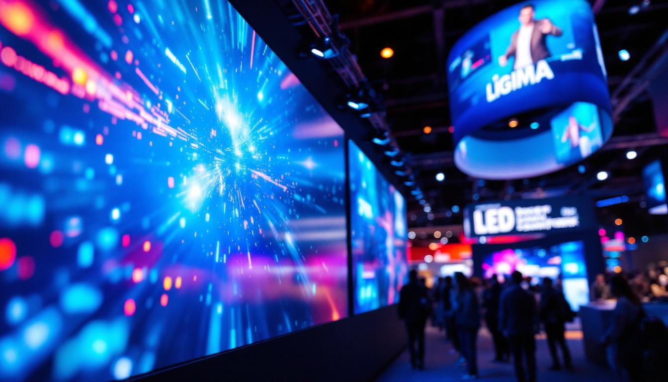 A photograph of a vibrant tradeshow display featuring an eye-catching led screen in action