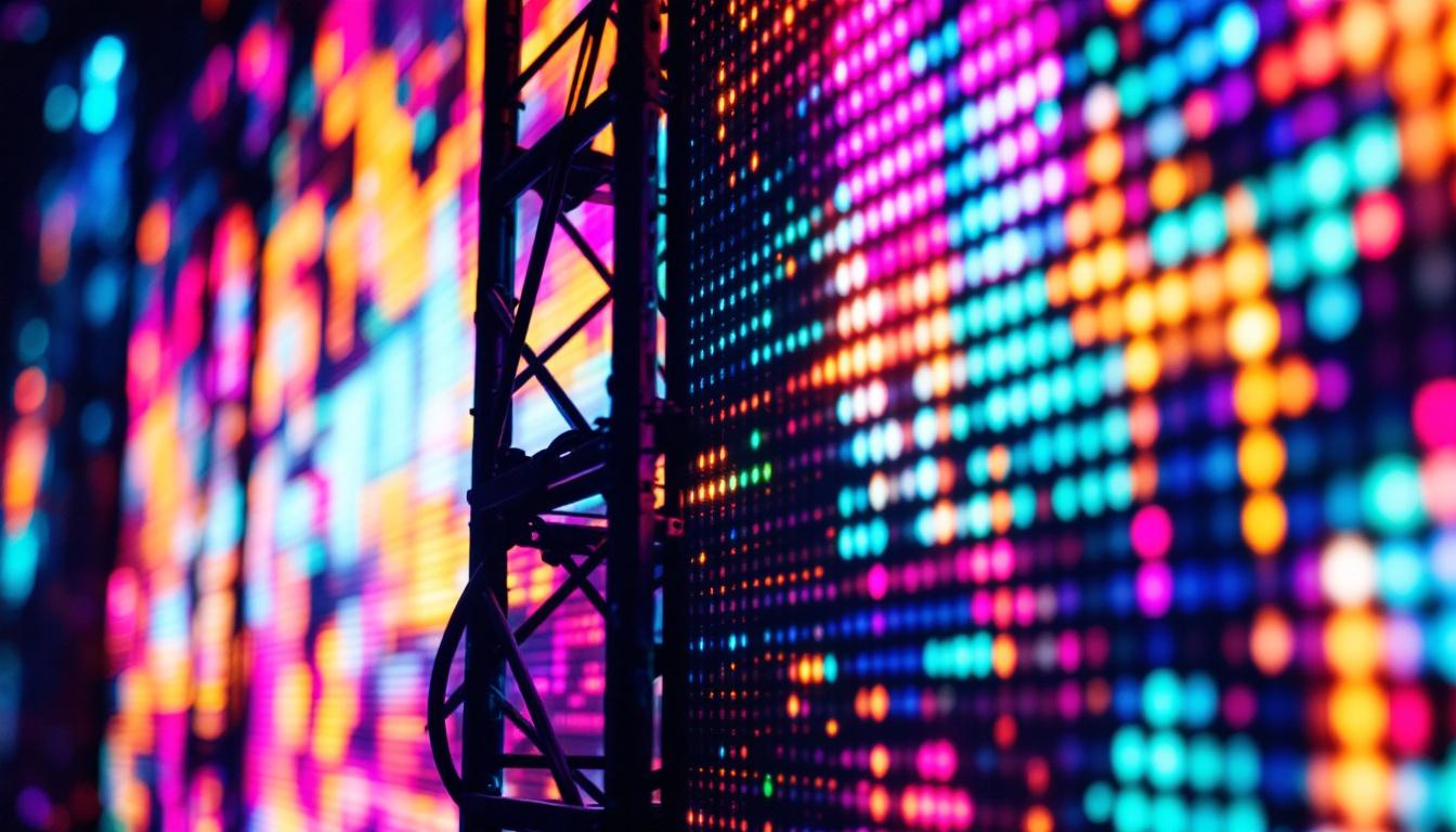 A photograph of a vibrant led display showcasing dynamic visuals and colors