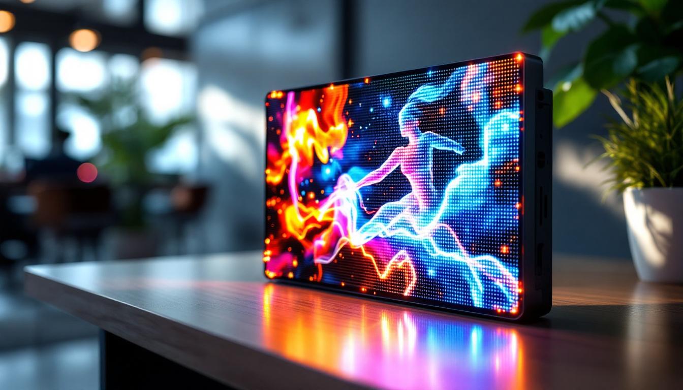 A photograph of a vibrant mini led display screen showcasing dynamic visuals or graphics in a well-lit environment