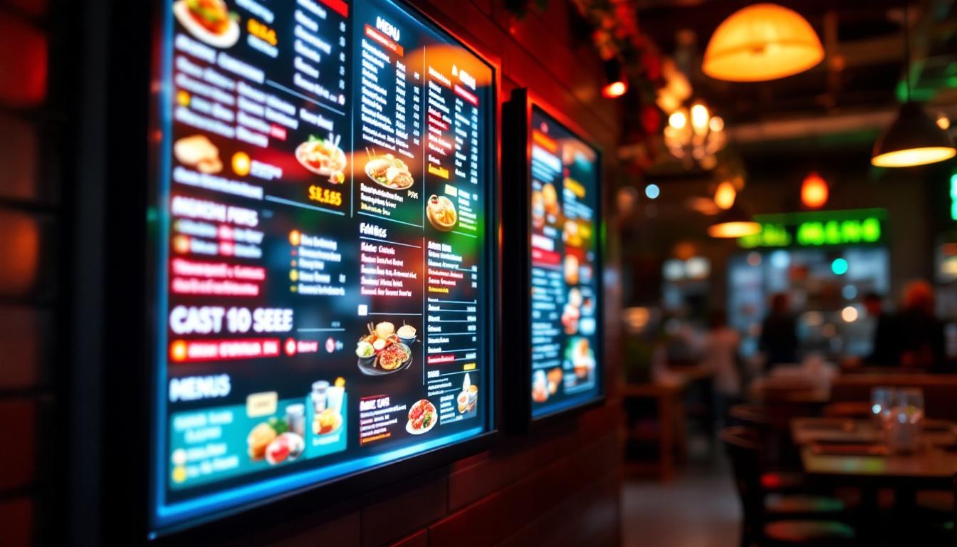 A photograph of a brightly lit led menu board in a vibrant restaurant setting