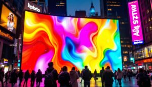 A photograph of a vibrant led display in a bustling urban setting