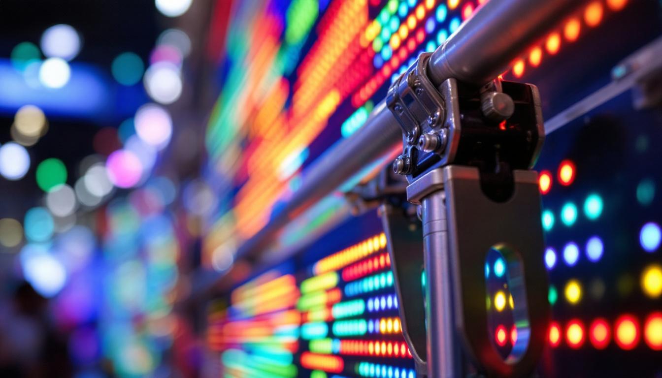 A photograph of a close-up of a truss clamp securely holding an led display in place at an event
