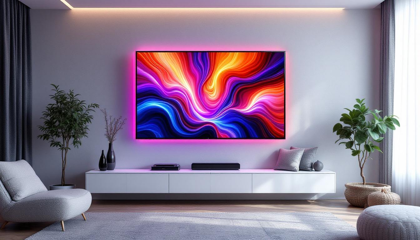 A photograph of a stylish living room featuring a modern wall design that prominently showcases an led display