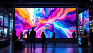 A photograph of a vibrant retail environment showcasing a large led display screen in action