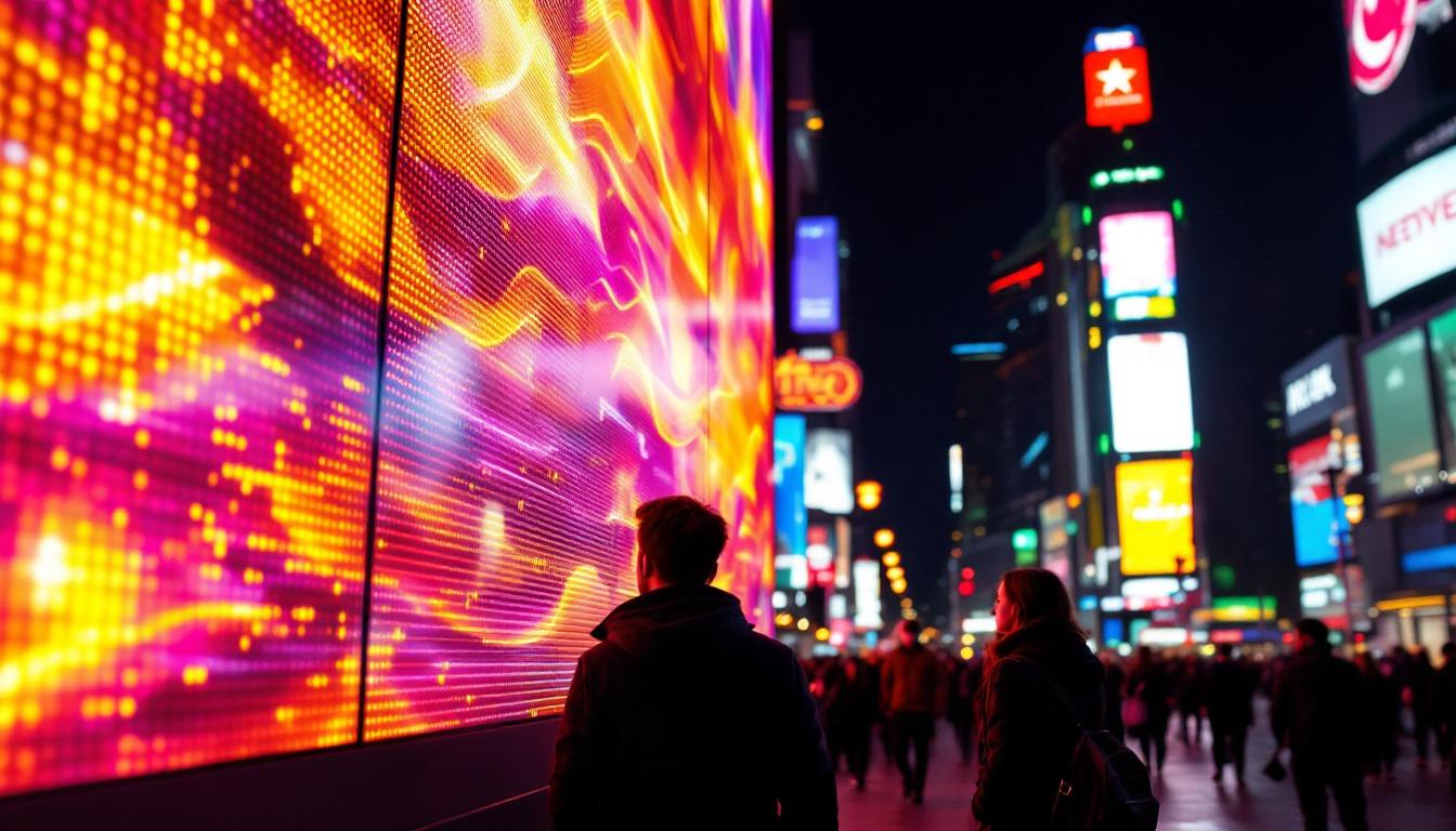 A photograph of a vibrant led display in a bustling urban setting