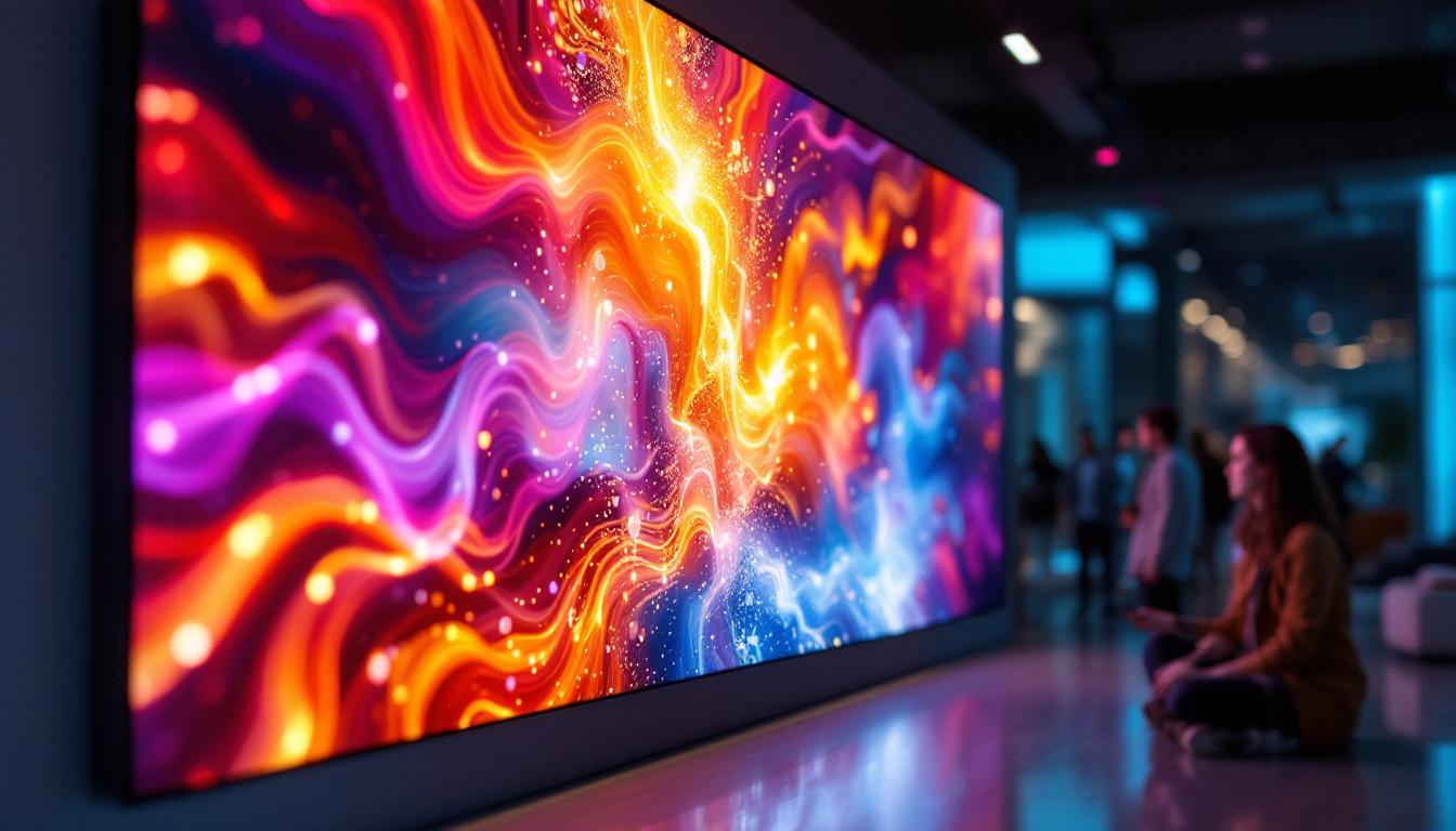 A photograph of a vibrant wall screen panel displaying dynamic visuals