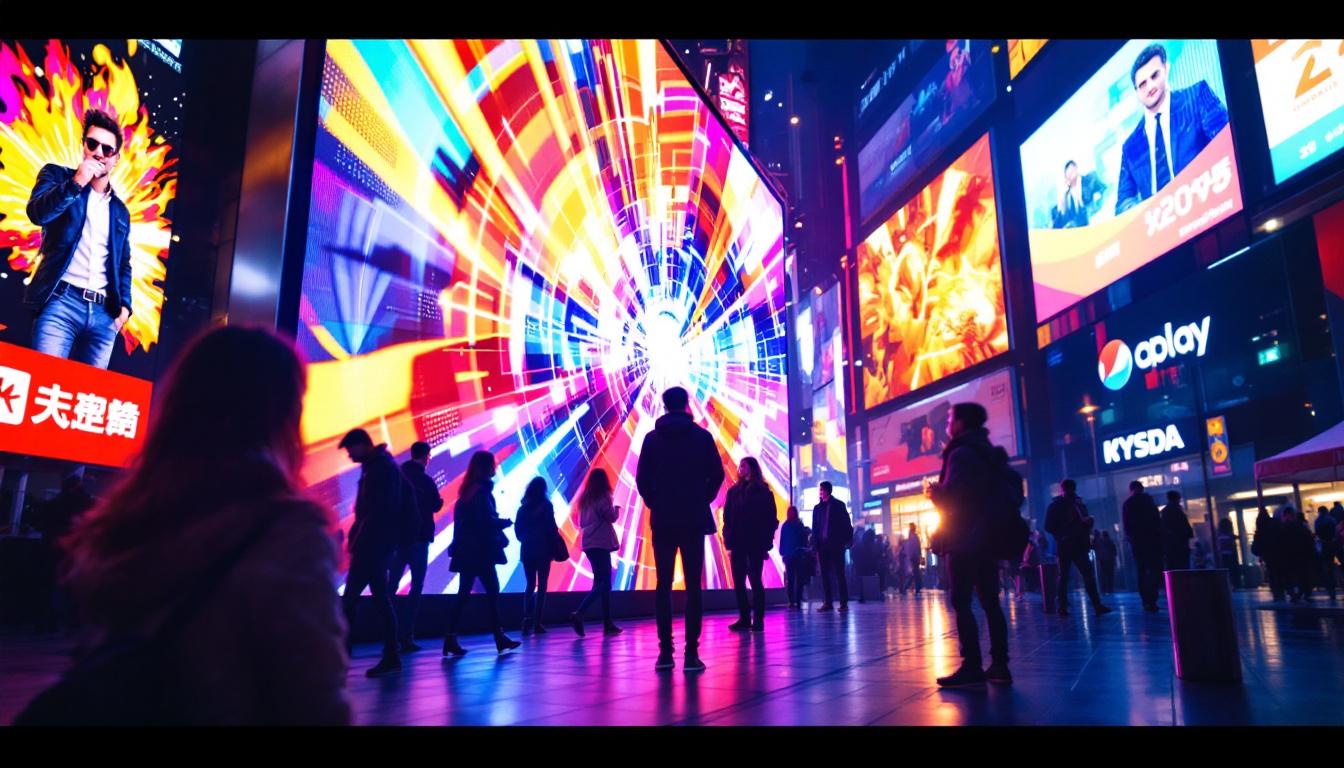 A photograph of a vibrant led display in a dynamic urban setting