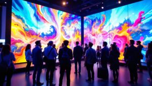 A photograph of a vibrant and engaging trade booth featuring an led display in action