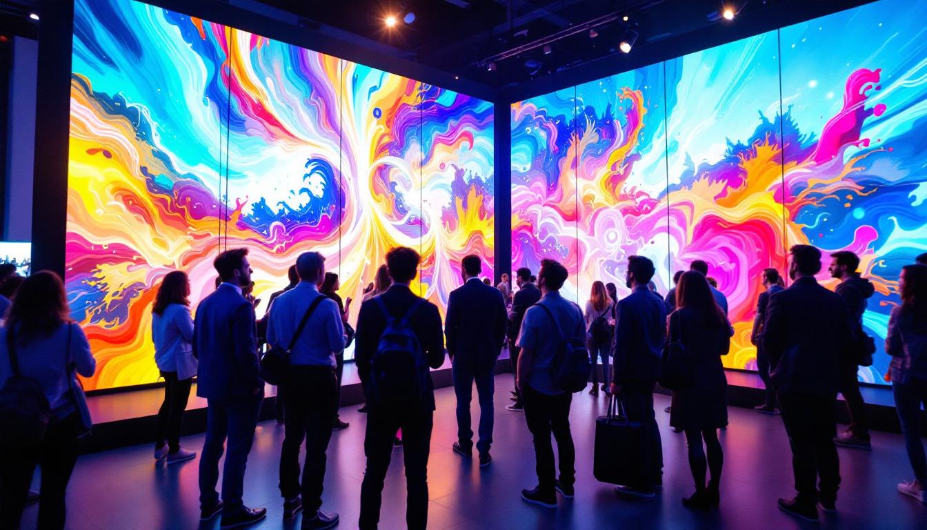 A photograph of a vibrant and engaging trade booth featuring an led display in action