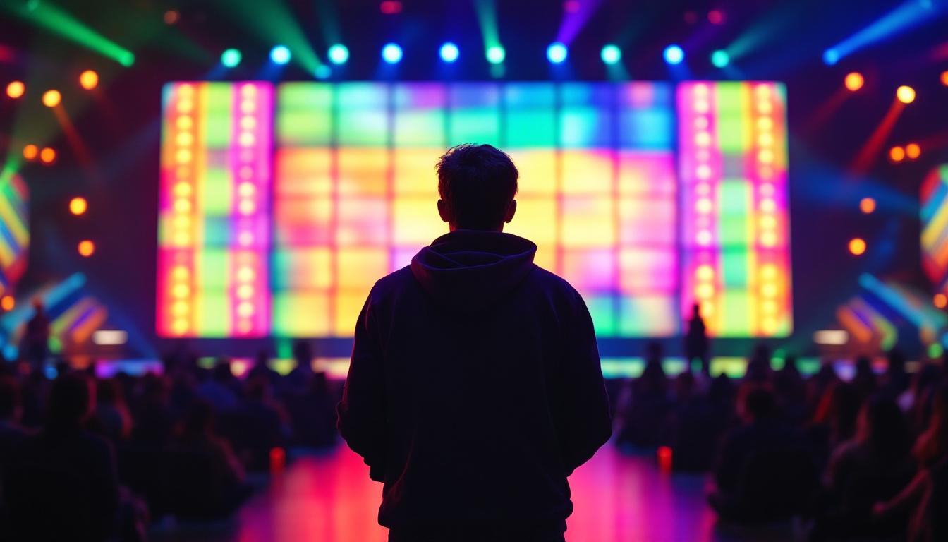 A photograph of a contestant standing in front of the vibrant led display of the game show "the wall