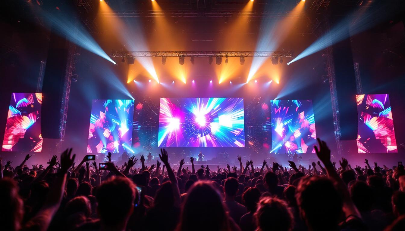 A photograph of a vibrant concert scene showcasing a large led screen displaying dynamic visuals