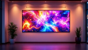A photograph of a vibrant led display integrated into a stylish banner cabinet
