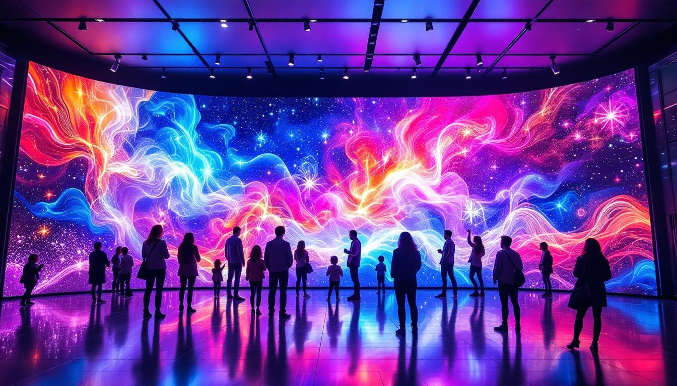 A photograph of a vibrant indoor led display showcasing dynamic visuals