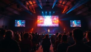 A photograph of a vibrant church interior featuring a large led display screen in use during a service