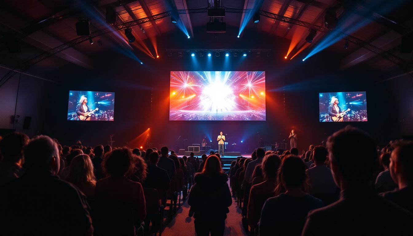 A photograph of a vibrant church interior featuring a large led display screen in use during a service