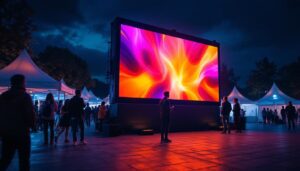 A photograph of a vibrant portable jumbotron in an outdoor setting